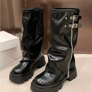 SHEIN Black Moto Boots with Buckle Detail